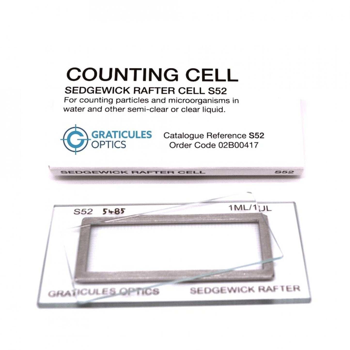 S52 Sedgewick Rafter Counting Chamber (glass). Includes 1 cover glass