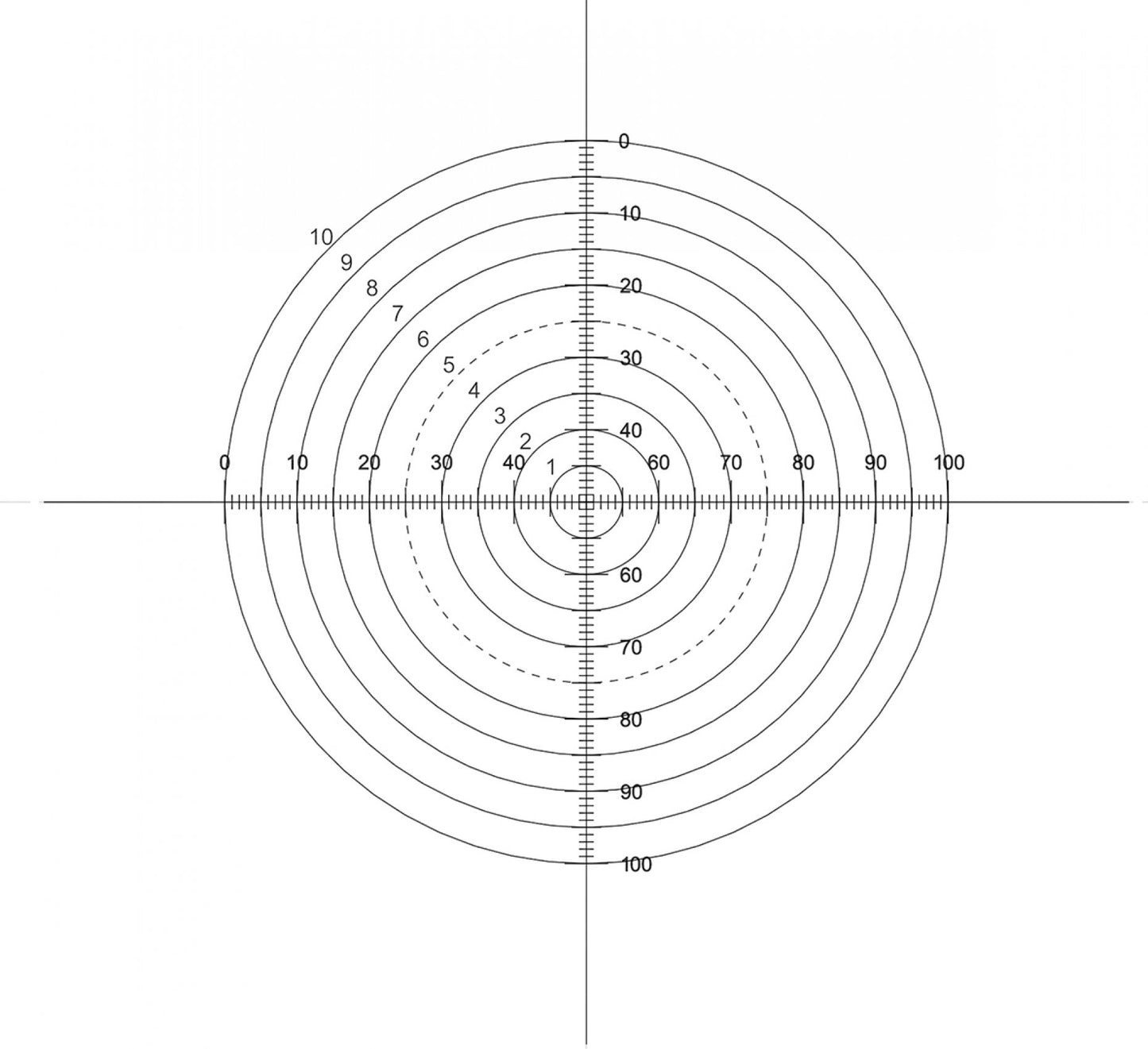 NE48 Concentric Circles, 10 circles & 1mm - 10mm diameter + graduated cross-scales, 10mm/0.1mm