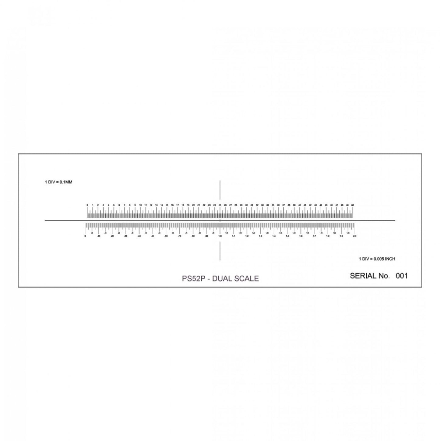 PS52P Dual Micrometer Calibration Slide, 76mm x 25mm, positive image, 50mm in 0.1mm divisions and 2" in 5" divisions, serial