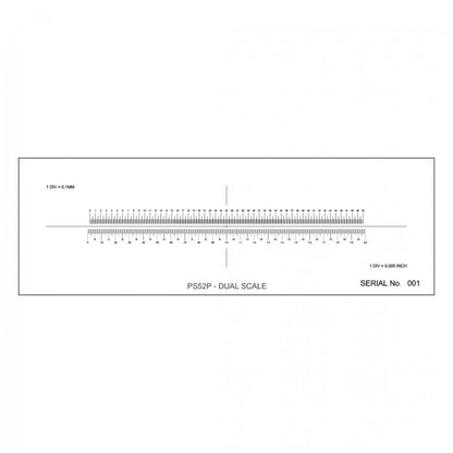 PS52P Dual Micrometer Calibration Slide, 76mm x 25mm, positive image, 50mm in 0.1mm divisions and 2" in 5" divisions, serial